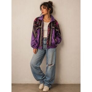 On Your Mark Vintage Purple Velvet Floral Tapestry Windbreaker Jacket Large 80s